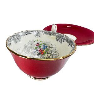 Vtg Aynsley Queens Garden Bone China Tea Cup Saucer Set Scenic Design Red Gold